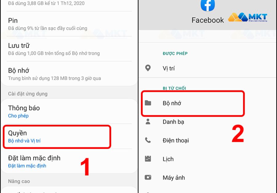 Chọn "Quyền" => "Bộ nhớ".