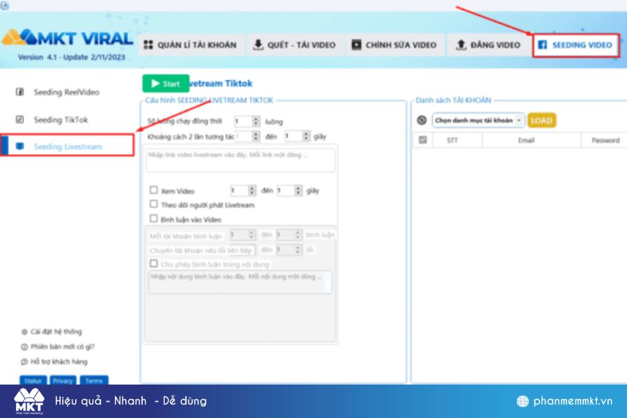 Chọn mục seeding livestream Chọn mục seeding livestream