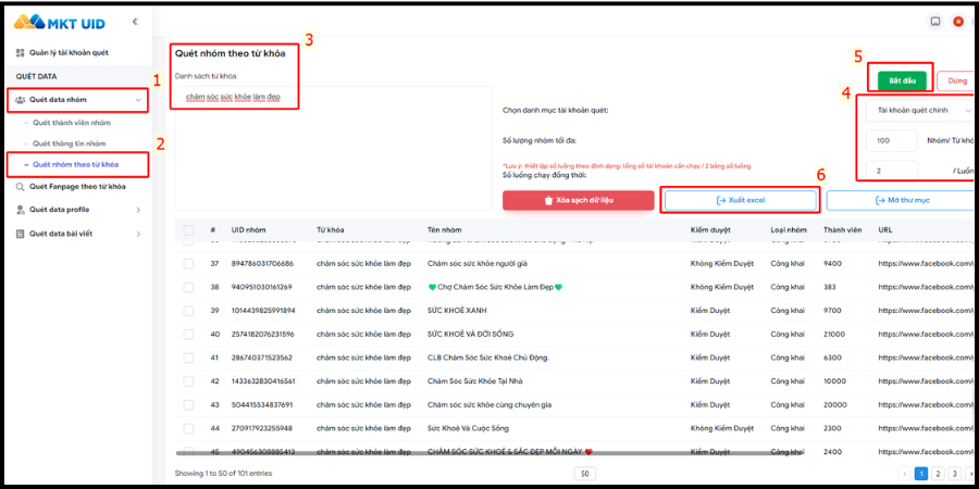 các bước hướng dẫn trên phần mềm MKT UID cách tìm kiếm khách hàng tiềm năng trên Facebook