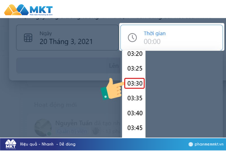 Phía bên phải sẽ hiển thị thời gian và bạn hãy chọn thời gian hiển thị bài đăng. Cách lên lịch đăng bài trên page